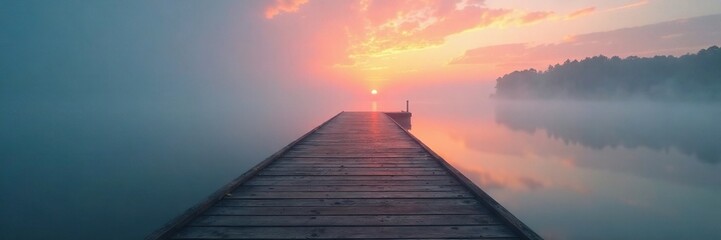 The wooden dock stretches out into the misty distance like an isolated path, vastness, dawn