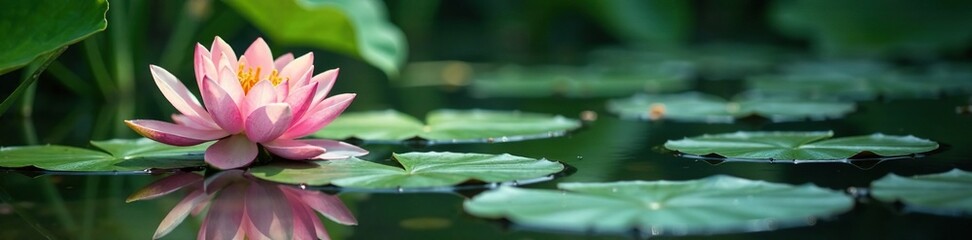 Tranquil pond with lotus flowers and water lilies, foliage, water lily