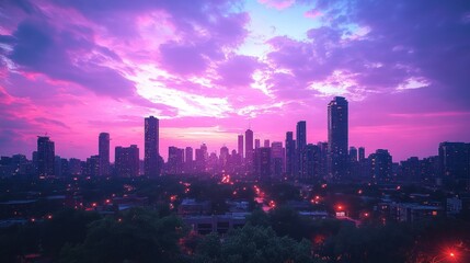 Vibrant purple sunset over city skyline.
