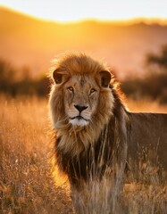 Obraz premium Generated image A magnificent lion stands majestically in a field of tall grass, bathed in the golden glow
