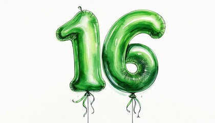 Green birthday / anniversary balloon, number 16, watercolor painting with white background