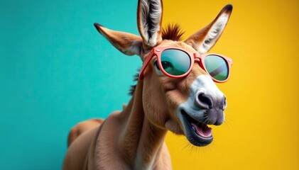 Whimsical donkey in oversized colored sunglasses, offbeat, zany