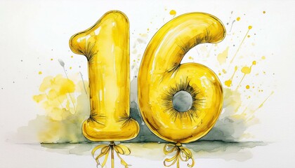 Yellow birthday / anniversary balloon, number 16, watercolor painting with white background