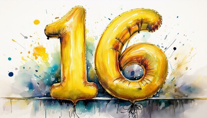 Yellow birthday / anniversary balloon, number 16, watercolor painting with white background