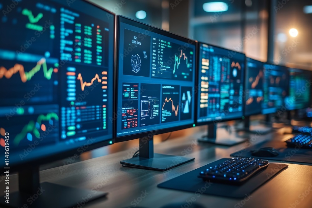 Poster close up of computer screens showcasing real time data and graphs in financial technology trading