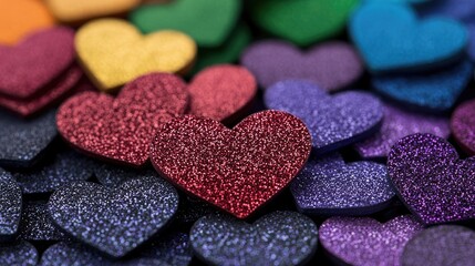 Obraz premium Vibrant heart-shaped glitter decorations home craft space colorful background creative environment top view love concept