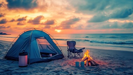 A tent set up on the beach