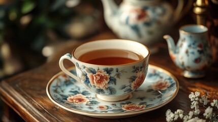 Fototapeta premium Floral teacup, saucer, teapot, and creamer.