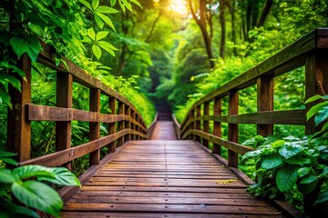 Obraz premium Serene Wooden Bridge Macro Photography: Lush Greenery, Tranquil Nature Escape