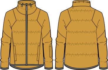 Down puffa Hoodie jacket design flat sketch Illustration, Padded puffer jacket with front and back view, Soft shell winter jacket for Men and women for outerwear in winter.