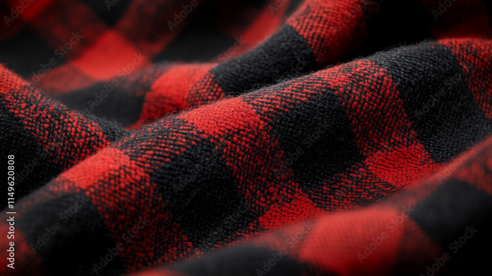 Poster warm fabric draped with red and black checkered pattern in soft focus.