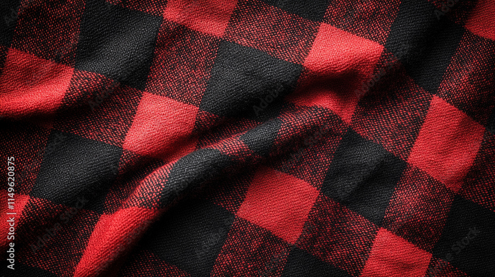 Poster close-up view of a red and black checkered fabric with a soft texture.