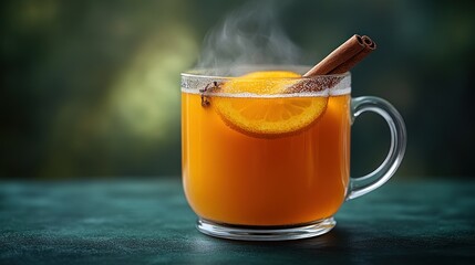 Steaming mug of spiced orange cider with cinnamon stick.