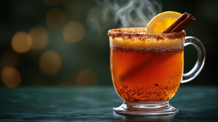 Steaming spiced cider in glass mug with cinnamon stick and orange slice.