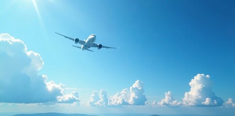 Aerial view of a plane flying over a serene sky with a blue and white backdrop, blue sky, landscape