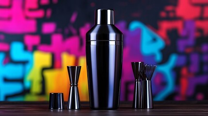 Black cocktail shaker and jiggers on wooden table against colorful graffiti background.