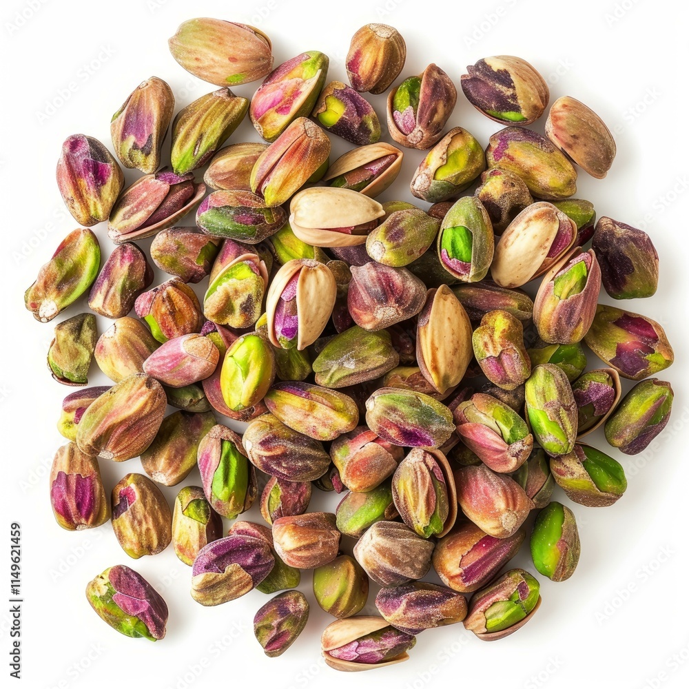 Poster pistachios with open shells showing the green nuts inside, forming a circle on a white background