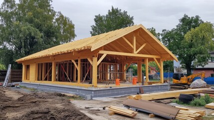 Obraz premium Wooden Frame House Under Construction Near Trees