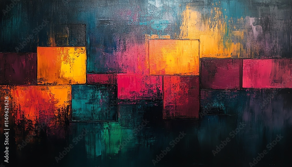Poster a mesmerizing abstract oil painting showcasing overlapping hues and textured brush strokes on a tact