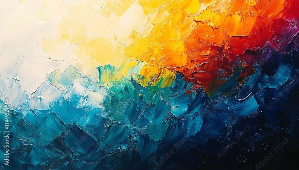Poster a mesmerizing abstract oil painting showcasing overlapping hues and textured brush strokes on a tact