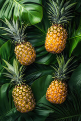 Fototapeta premium Fresh ripe pineapples arranged on lush green tropical leaves, showcasing a vibrant and exotic summer fruit display.