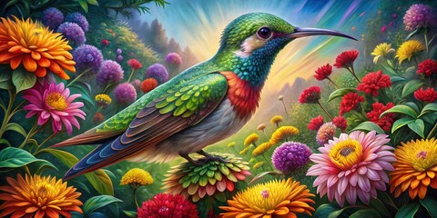 Fototapeta premium 3D Hummingbird Acrylic Painting Landscape