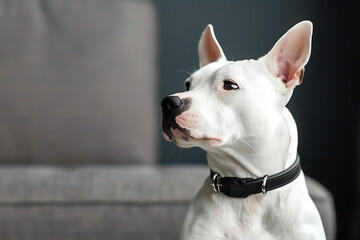 pet portrait, a bull terrier lounging on a cozy backdrop, adorably gazing up at its human friend