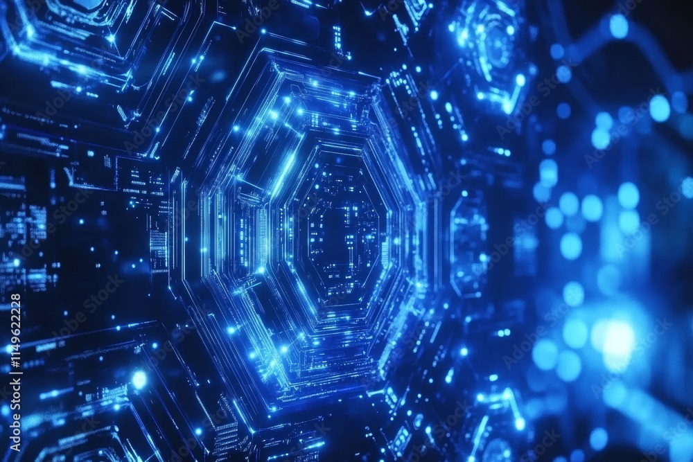 Poster abstract blue background featuring hexagonal circuit boards and technological circle illustrations