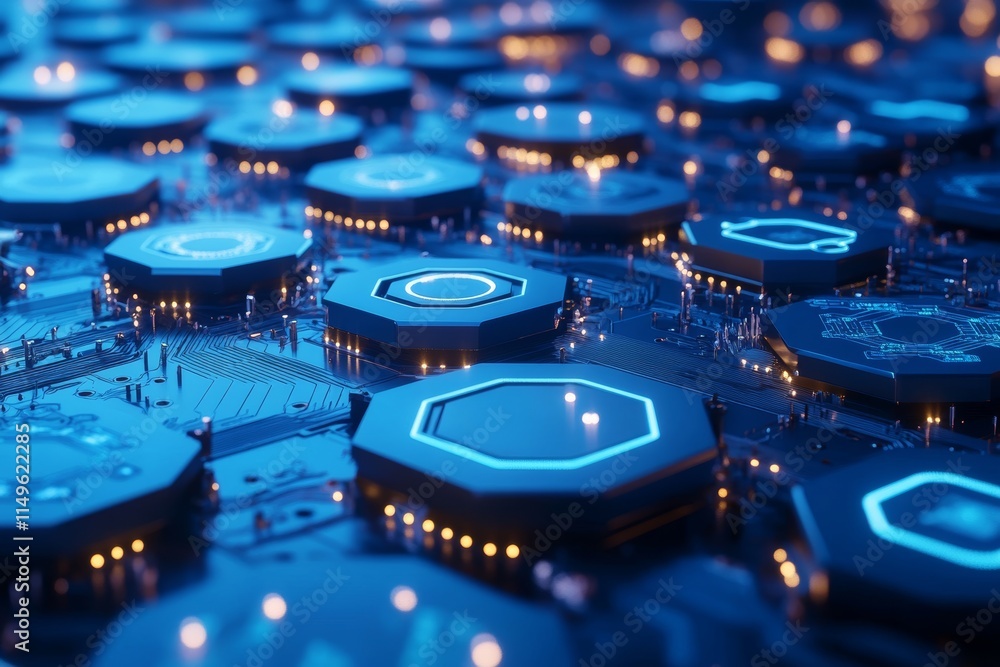 Poster abstract blue technology background featuring hexagon circuit boards and circular tech illustrations