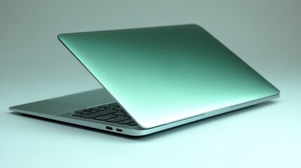 Teal laptop computer angled view, showing ports and keyboard.