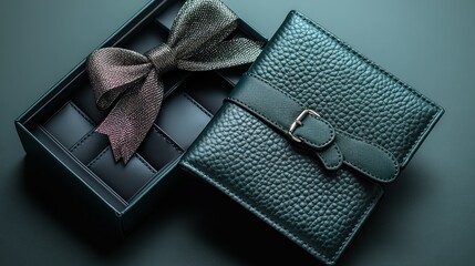 Teal leather gift box with ribbon and compartments, open on dark background.