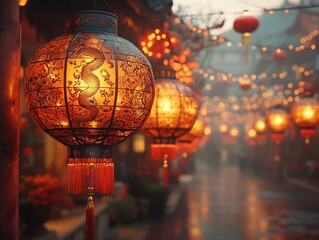 Chinese New Year of the Snake,reflecting the atmosphere of Chinese New Year, snake patterns, Chinese characteristics, and red lanterns