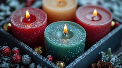 Three lit candles in a wooden box with festive decorations.