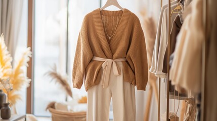 A warm, knitted sweater is elegantly hung in a boutique, paired with chic trousers. Soft natural light filters through large windows, creating a cozy shopping atmosphere for fall fashion enthusiasts