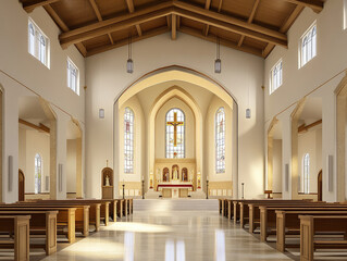 Fototapeta premium Modern Interior of a Catholic Church With Sunlight Streaming Through Stained Glass Windows