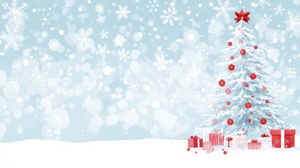 Obraz premium Snowy Christmas scene with tree and gifts.