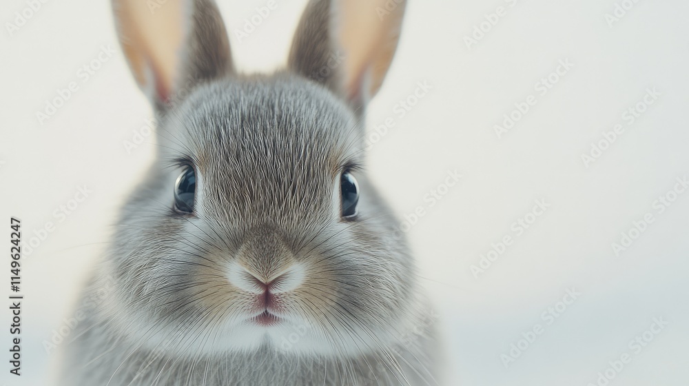 Poster close-up of a gray rabbit with a twitching nose and soft fur, looking straight at the camera on a wh