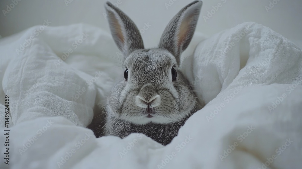 Poster close-up of a gray rabbit with a twitching nose and soft fur, looking straight at the camera on a wh