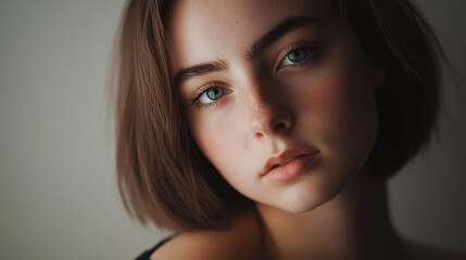 Naklejka premium Young woman with short hair poses thoughtfully in soft light. 