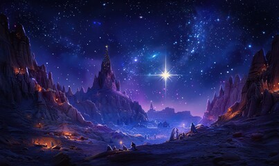 Christmas night shines bright with the star of Bethlehem illuminating the manger scene in a snowy landscape