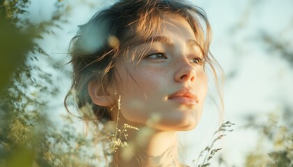 A woman surrounded by nature in a double exposure, with a clear sky and greenery, representing the need for environmental care and global warming action