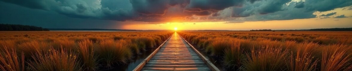 A narrow wooden plank stretches across a tranquil golden marsh at dusk under dark stormy clouds, stormy weather, natural landscape, golden marsh