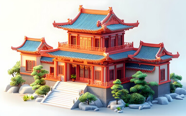 Fototapeta premium A beautifully designed traditional Asian-style building surrounded by greenery and stones.