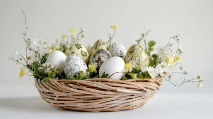 Obraz premium Close-up of a wicker basket filled with decorated Easter eggs and spring flowers, placed on a white background.
