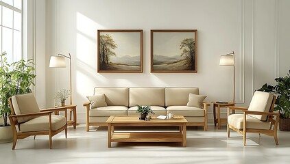 Fototapeta premium Modern living room interior design with beige sofa, wooden armchairs, coffee table, and landscape paintings.