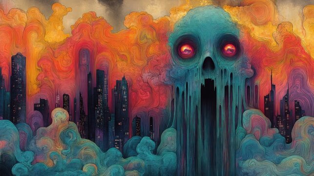 Melted skull looms over swirling city, apocalyptic art.