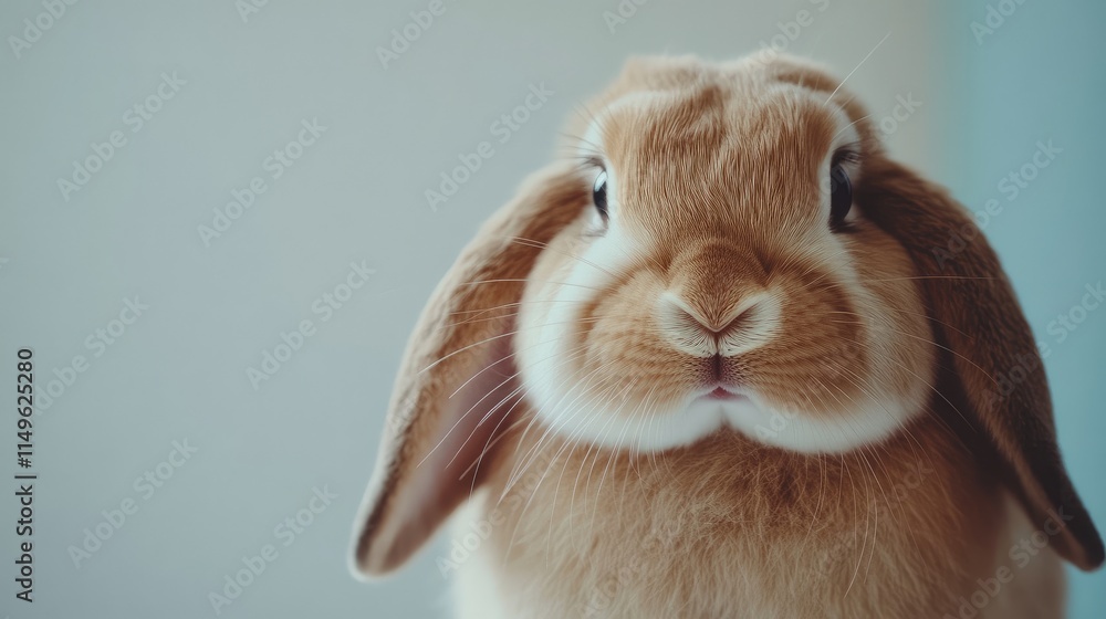 Poster cute close-up of a lop-eared rabbit with drooping ears and a gentle expression, isolated on a clean 
