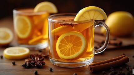 Two glasses of warm spiced tea with lemon slices and cinnamon sticks on a wooden surface.