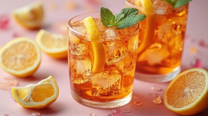 Two glasses of iced tea with lemon and mint on pink background.