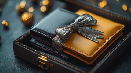 Two leather wallets, one black and one yellow, tied with a silver ribbon, in a gift box.